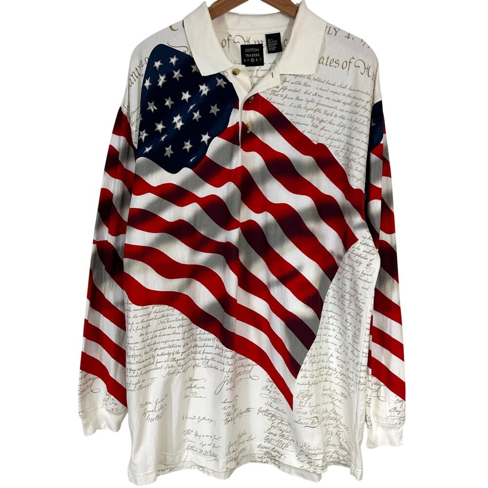 Vintage Cotton Traders Sport American Flag Long Sleeve Polo Shirt Size Large